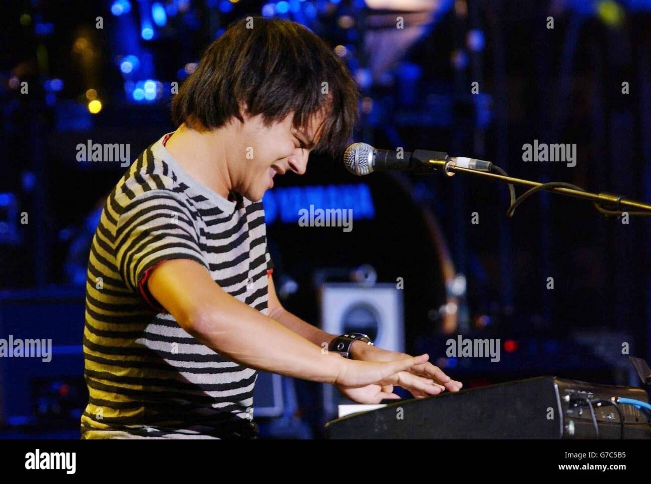 Jamie Cullum performs onstage during The Miller Strat Pack concert, held at the Wembley Arena, London. Stock Photo