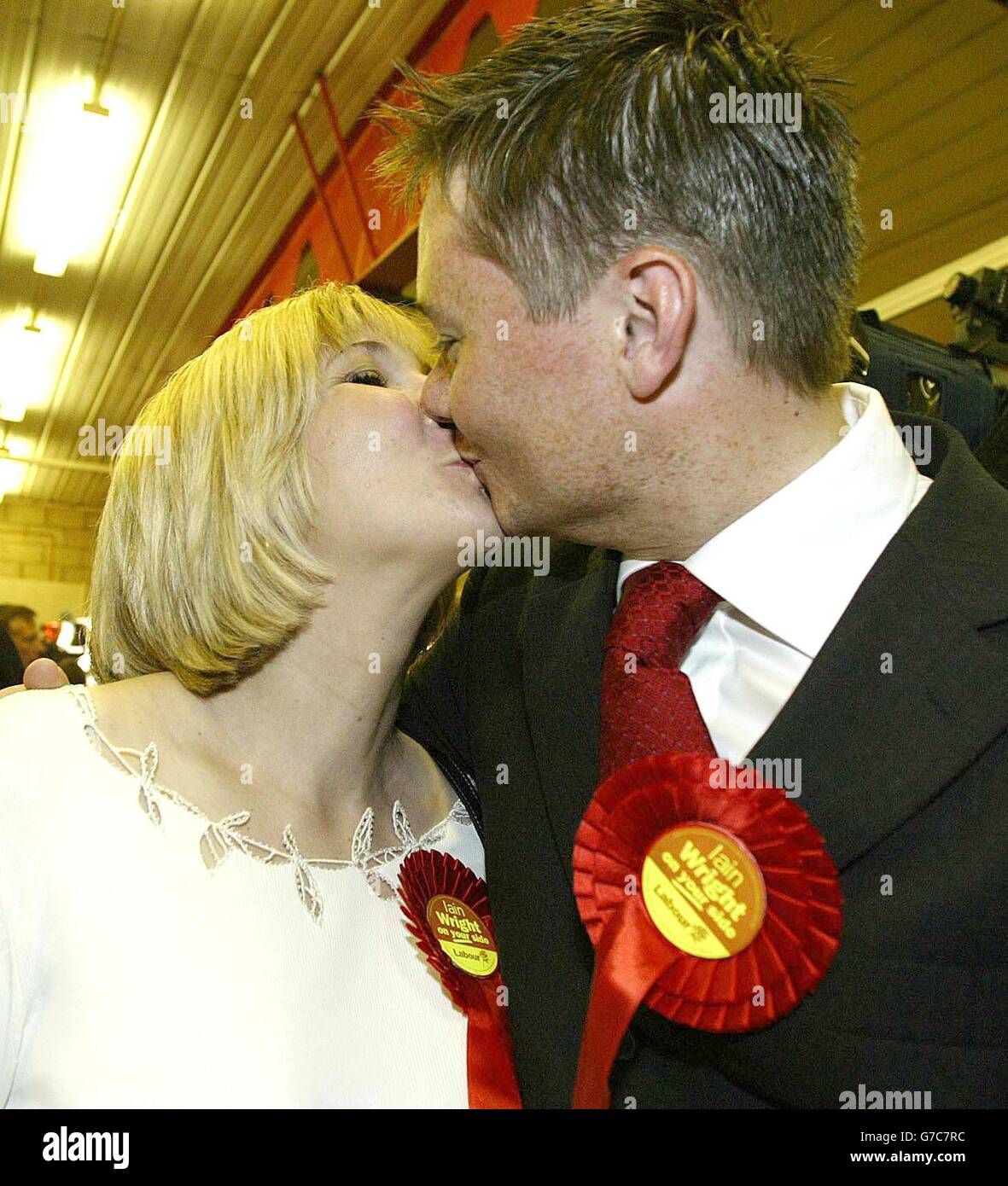 Victorious Labour candidate Iain Wright celebrates with wife Tiffiny after winning the Hartlepool by-election by some 2,000 voters from Liberal Democrat Jody Dunn, who ran him close second. The UKIP candidate Stephen Allison finished in third place while the Conservative candidate Jeremy Middleton finished in fourth. The seat became vacant when former Cabinet Minister Peter Mandelson resigned to become a European Commissioner. Stock Photo