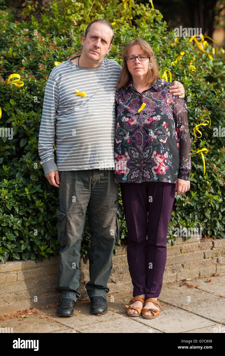 Jose Gross and Rosalind Hodgkiss, the parents of missing teenager Alice Gross near their home in Hanwell, west London. Stock Photo