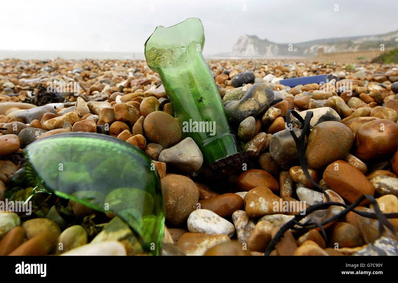 A beach near Dover in Kent is littered with rubbish as some british sea resorts risk becoming no-go areas for families if they do not crack down on loutish behaviour. Alan Woods Chief Executive of the Clean Beach Campaign's Blue Flag awards was addressing the conference of beach managers. Stock Photo