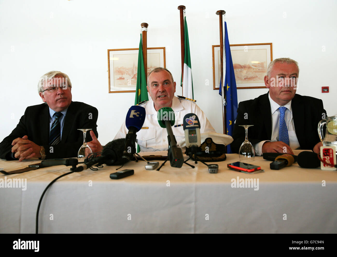(left to right) Customs Commisioner Liam Irwin, Officer Comanding Naval Operations Commander Capt David Barry and Assistant Garda Commisioner John O'Mahoney, speaking to the media following the apprehension of the yacht Makayabella which is being held in Haulbowline naval base, Cobh, Co Cork after the Irish Navy intercepted the vessel suspected of carrying around 80 million euro (&pound;62.5 million) worth of cocaine 200 nautical miles off Mizen Head. Stock Photo