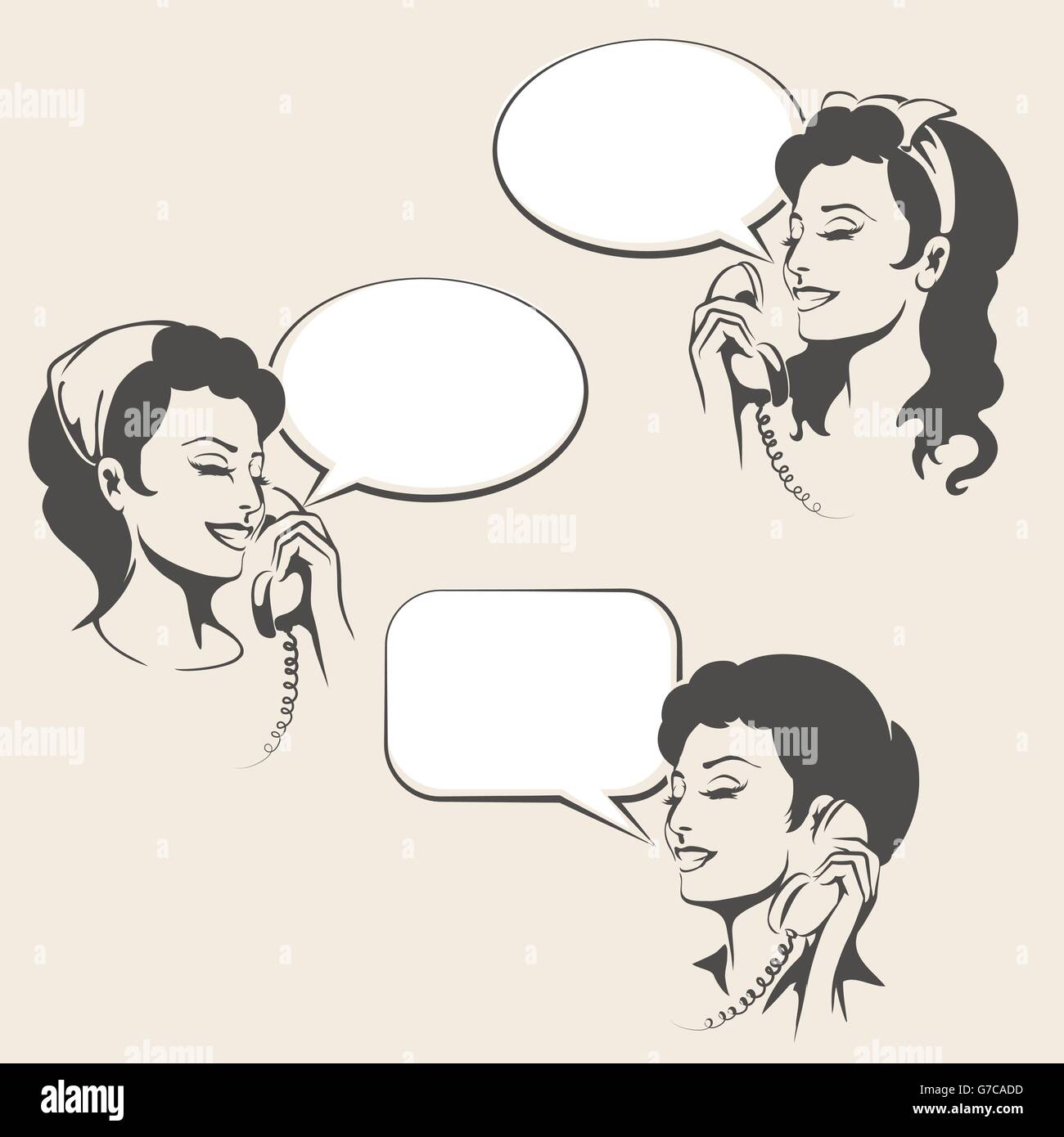 Set of Women talking on a phone with empty speech bubbles. Illustration in retro style. Stock Vector