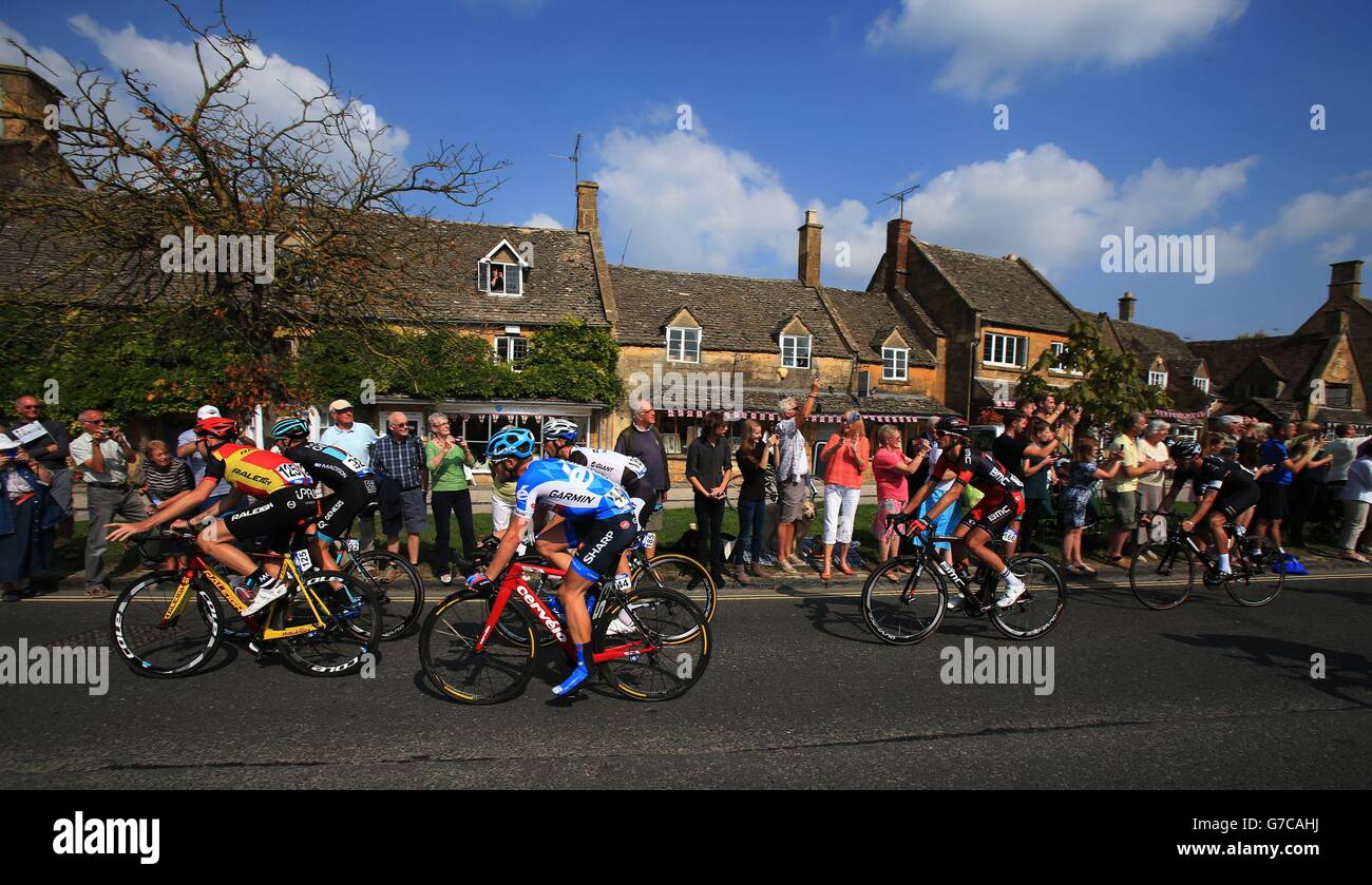 The Tour of Britain cycle through Broadway in Worcestershire during the stage four of the 2014 Tour of Britain. Stock Photo