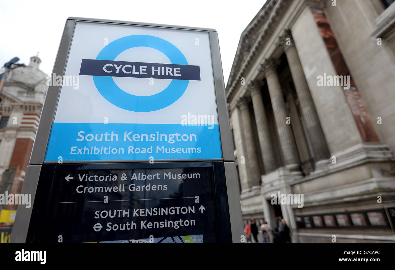 London Cycle Hire Stock. General view of a sign for the London Cycle Hire scheme in South Kensington on Exhibition Road. Stock Photo