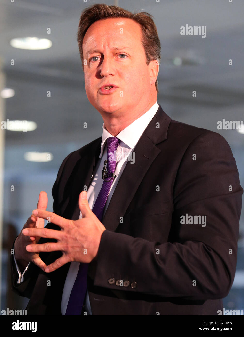 Prime Minister David Cameron speaks during a visit to Scottish Widows offices in Edinburgh, where he made an impassioned plea to keep Scotland part of the union, saying he would be 'heartbroken' if the UK was torn apart. Stock Photo