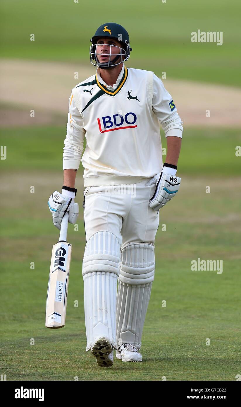 Nottinghamshire's Alex Hales walks off after being dismissed by Yorkshire's Jack Brooks during day two of the LV= County Championship Division One match at Trent Bridge, Nottingham. Picture date: Wednesday September 10, 2014. See PA story CRICKET Nottinghamshire. Photo credit should read: Simon Cooper/PA Wire Stock Photo