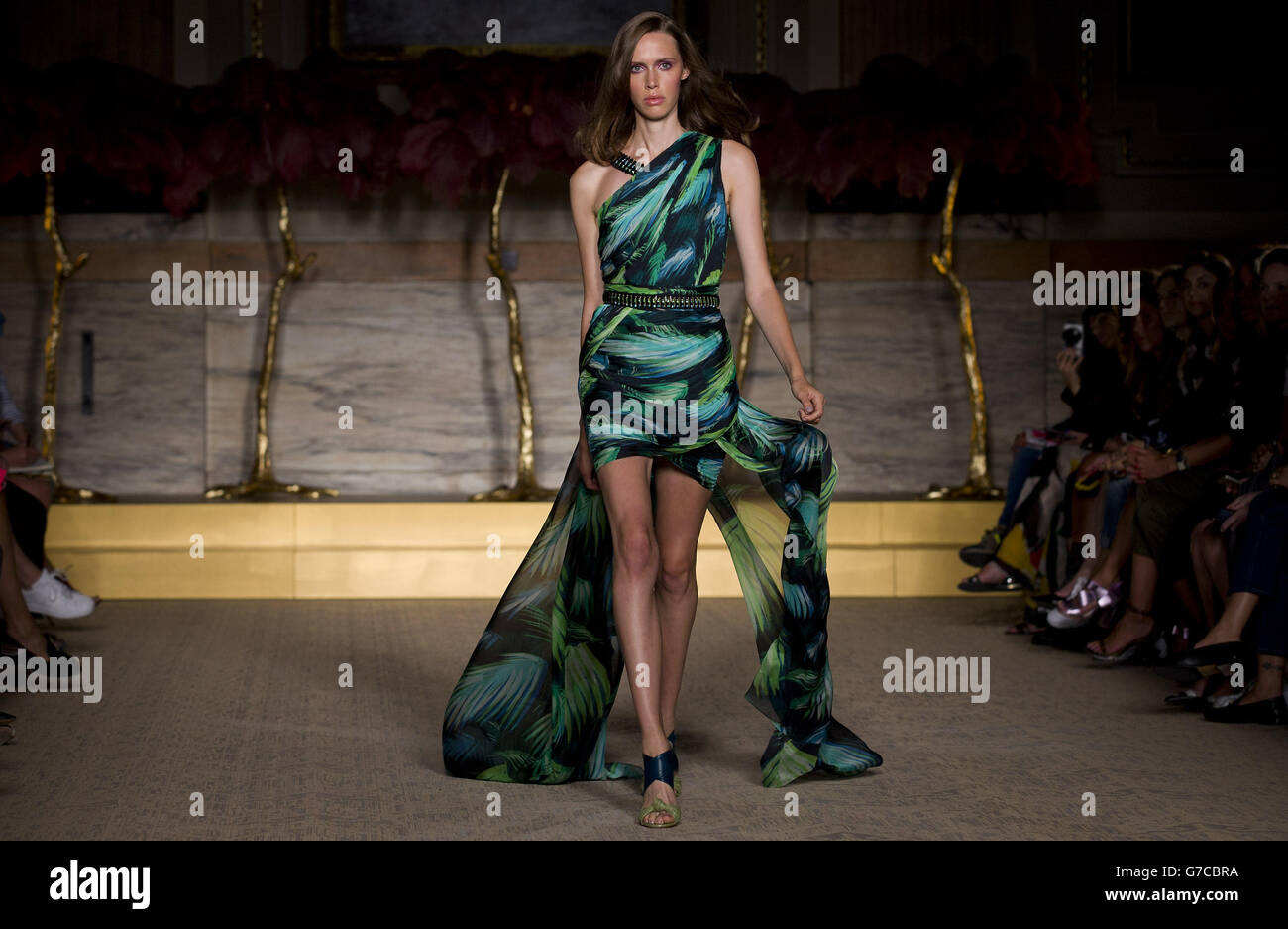 A model on the catwalk during the Matthew Williamson catwalk show at Great George Street, London, during London Fashion Week. Stock Photo