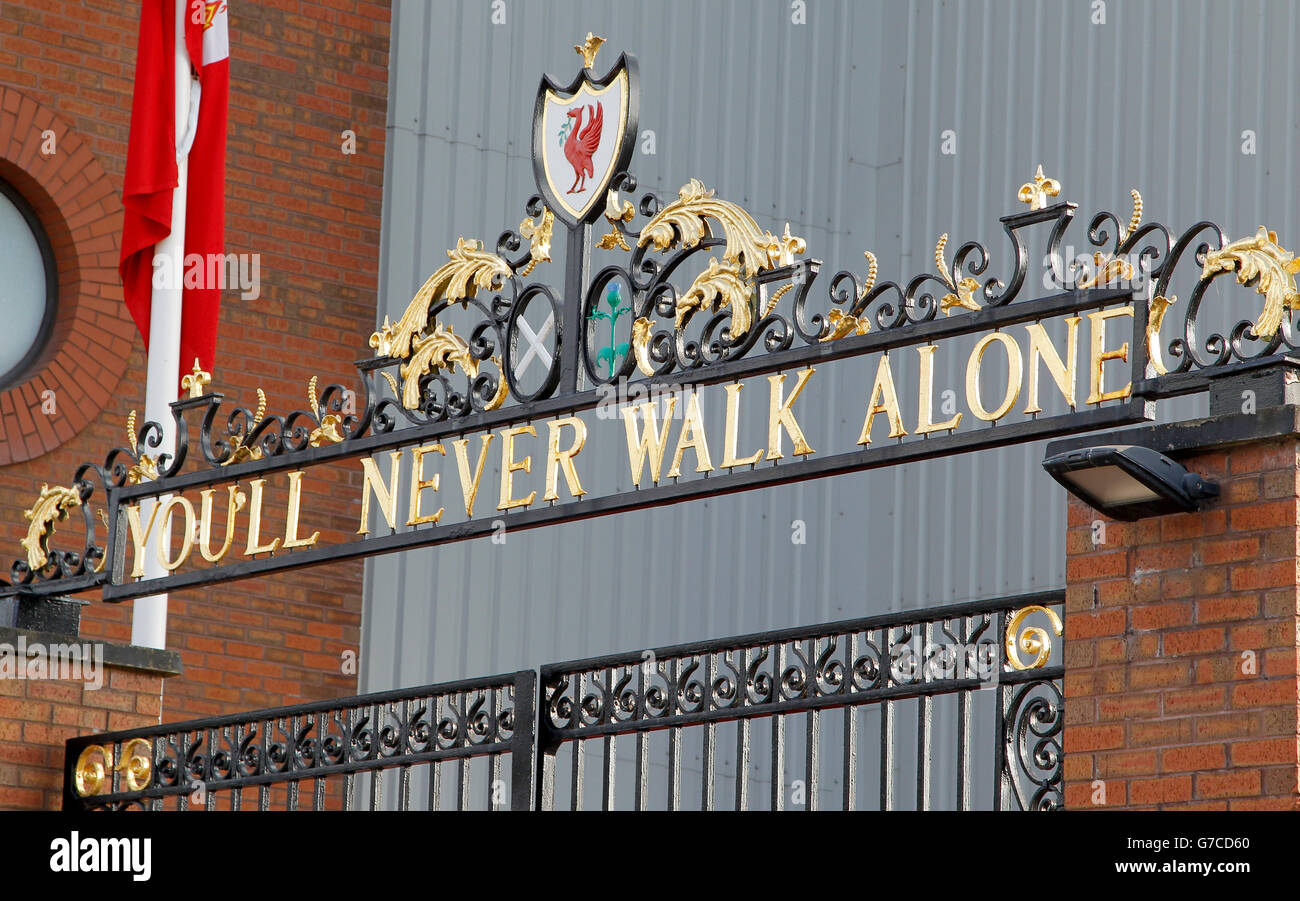 Soccer - UEFA Champions League - Group B - Liverpool v Ludogorets Razgrad - Anfield. The club motto 'You'll never walk alone' above the Shankly Gates Stock Photo