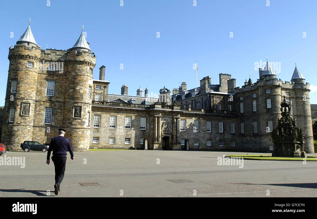 A security guard outside the Palace of Holyroodhouse - the Queen's official residence in Edinburgh where an investigation has been launched after a journalist posing as a workman, managed to bypass security systems and get within yards of the Royal Apartments. The newspaper said the journalist stood unchallenged in the State Rooms adjacent to the Queen's bedroom for 20 minutes. Lothian and Borders Police confirmed they were investigating the incident, which happened at about noon yesterday - just 72 hours before the Prince of Wales was due to visit the palace. Stock Photo