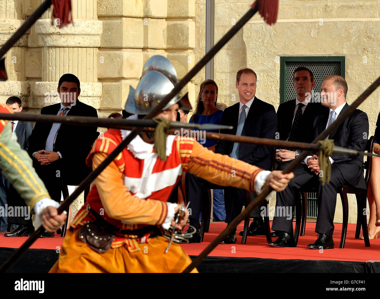 The Duke of Cambridge (third right) watches a re-enactment of an historical event, in Valletta, Malta, marking the 50th anniversary of its independence. Stock Photo