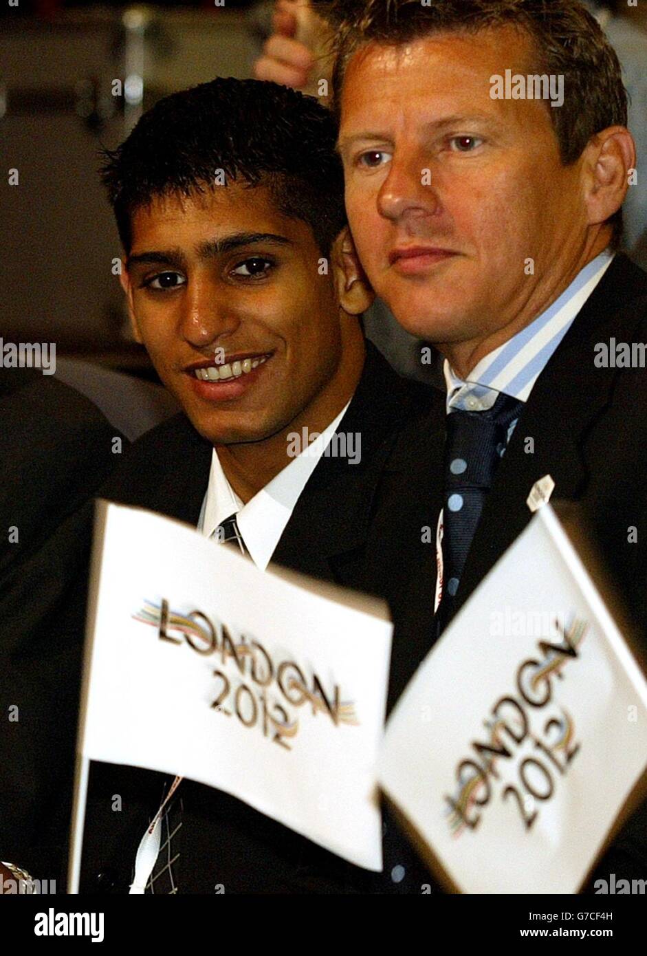 Olympic boxing silver medalist Amir Khan (left), with former Olympic runner Steve Cram at the Labour Party Conference in Brighton, as they gather support for London's 2012 Olympic bid. Stock Photo