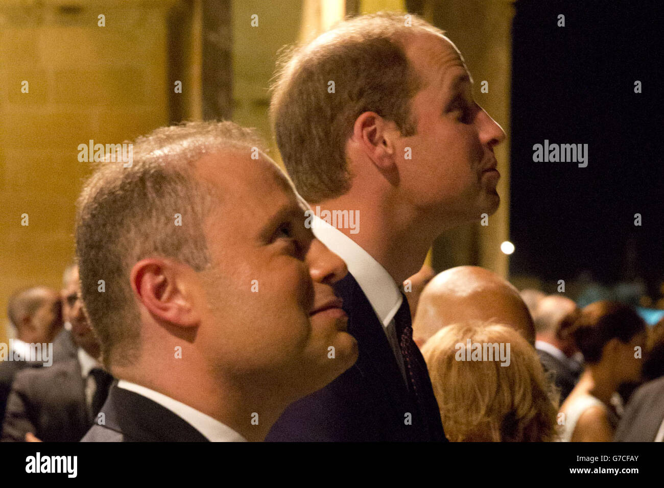 Maltese Prime Minister Joseph Muscat (left) watches fireworks with the Duke of Cambridge at the Upper Barrakka Gardens, in Valletta, Malta, during an evening celebration marking the 50th anniversary of Malta's independence. Stock Photo