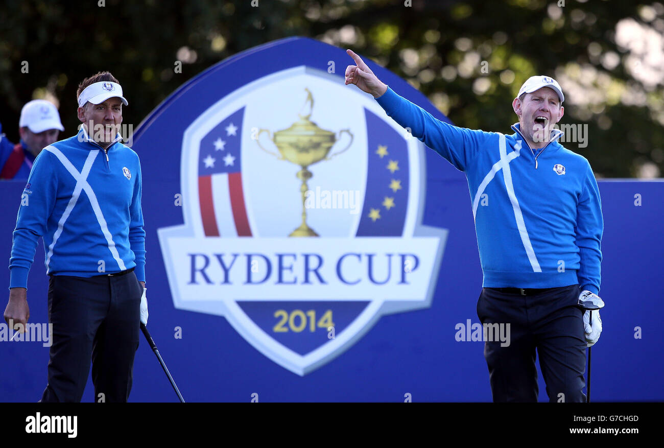 Europe's Stephen Gallacher signals four right as his shot goes wayward