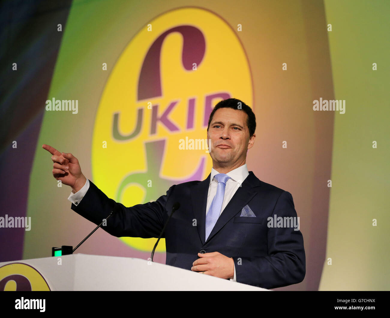 Ukip MEP Steven Woolfe delivers his speech on migration during the Ukip annual party conference at Doncaster Race Course in Yorkshire. Picture date: Friday September 26, 2014. See PA story POLITICS UKIP Photo credit should read: Gareth Fuller/PA Wire. Stock Photo