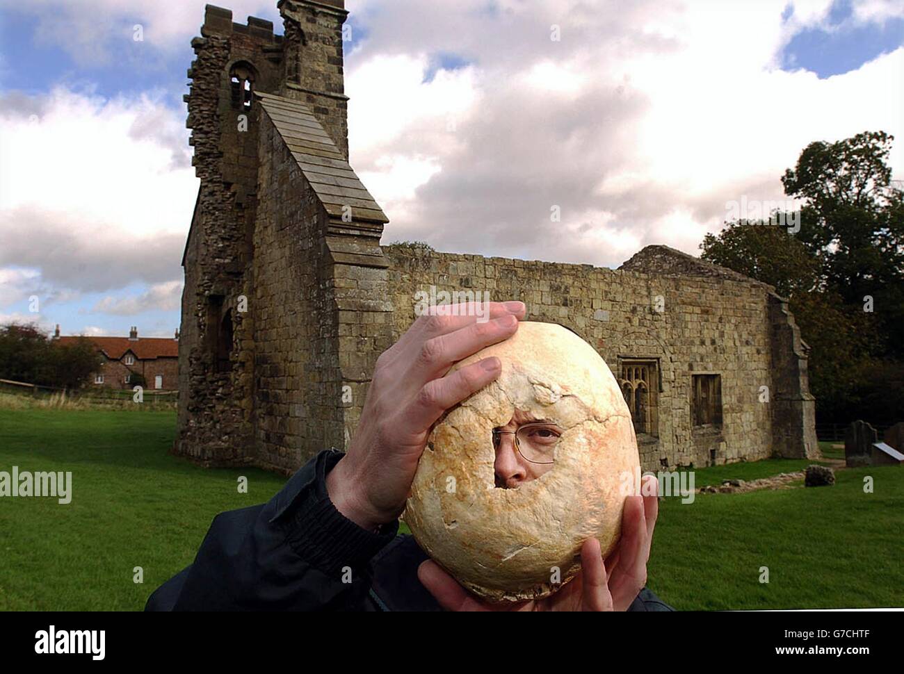 Simon Mays, the Skeletal Biologist at English Heritage's Centre for Archaeology examines the hole in the skull discovered at Wharram Percy a deserted medieval village which has provided researchers with their firmest evidence that medical skills including complicated cranium surgery were being performed in the 11th Century. Stock Photo