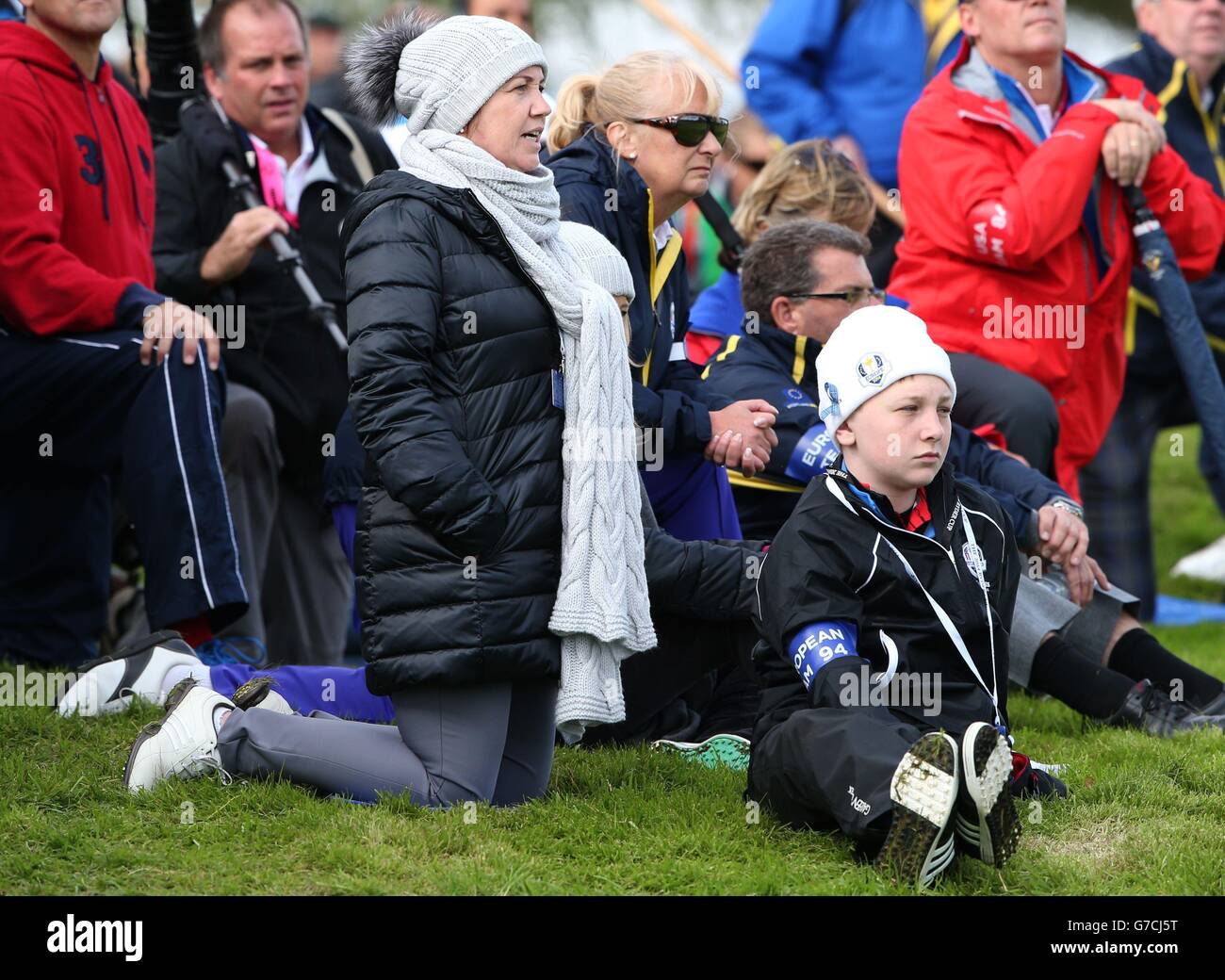 Hellen Gallacher and son Jack during day one of the 40th Ryder Cup at Gleneagles Golf Course, Perthshire. Stock Photo