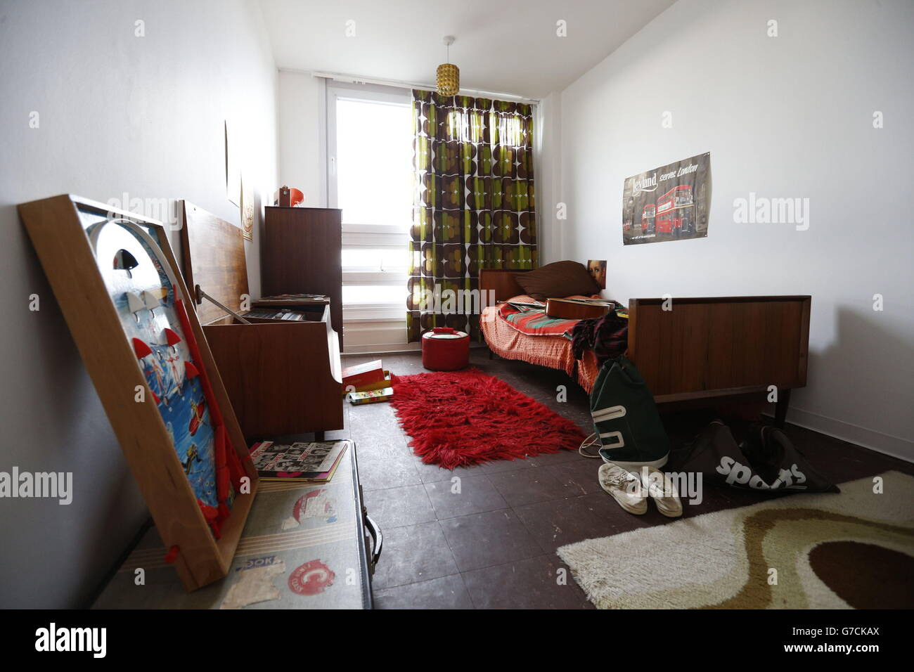 Interior view of a bedroom in Flat 130 at the Balfron Tower, St. Leonard's Road, Poplar, London, as the National Trust have furnished the flat, where architect Erno Goldfinger lived for two months in 1968, as it would have appeared at the time. Stock Photo