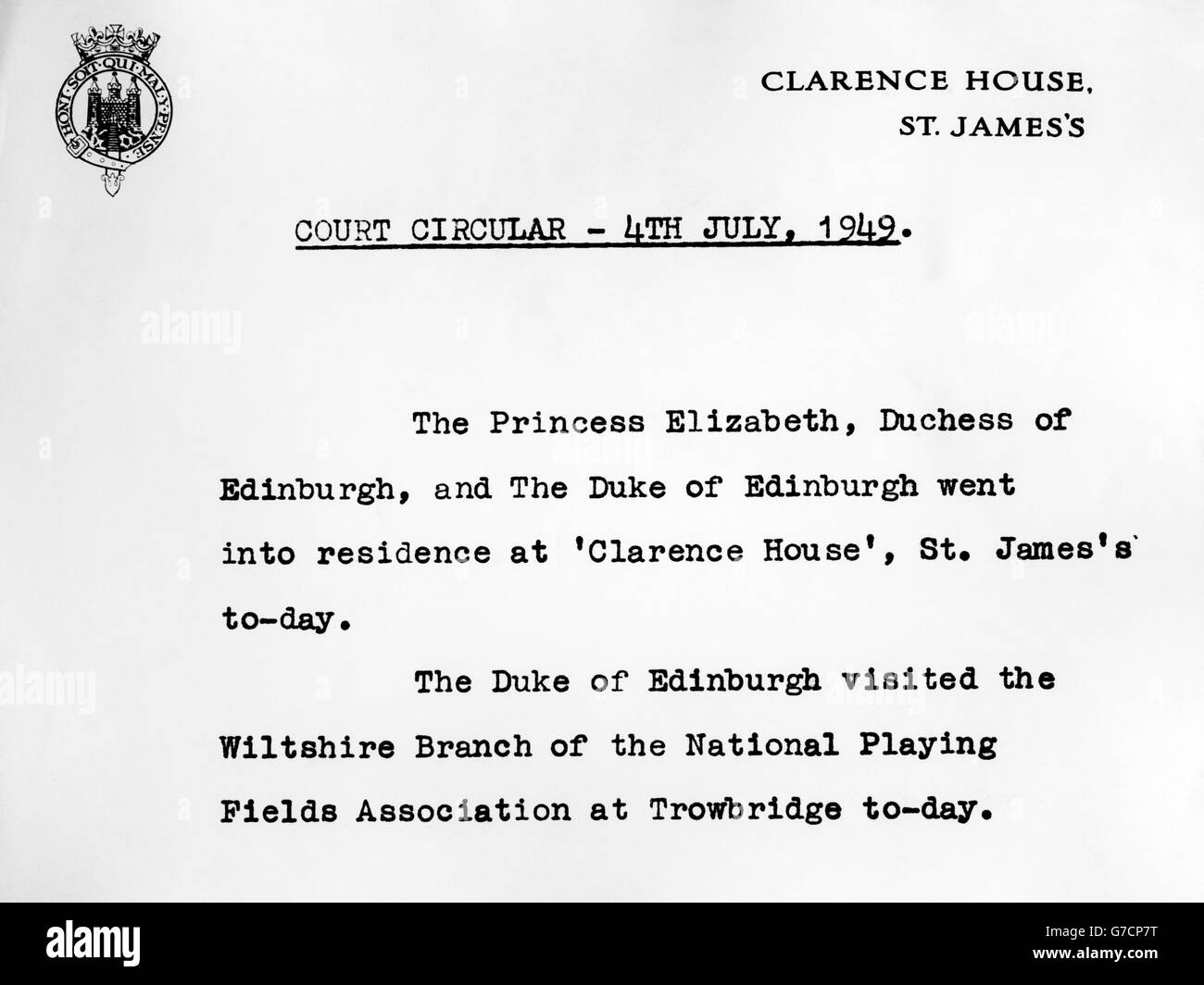 This Court Circular - headed 'Clarence House, St. James's' - is the first issued from the home of Princess Elizabeth and the Duke of Edinburgh. It was issued after the Princess and the Duke had taken up residence at Clarence House - now their London Home. Stock Photo