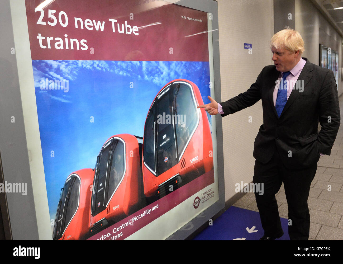 Mayor of London Boris Johnson attends the unveiling at King's Cross Station of the designs for the next generation of tube train that will come into service in the mid 2020s, the new trains will be introduced firstly on the Piccadilly Line, followed by the Bakerloo, Central and Waterloo and City Lines. Stock Photo