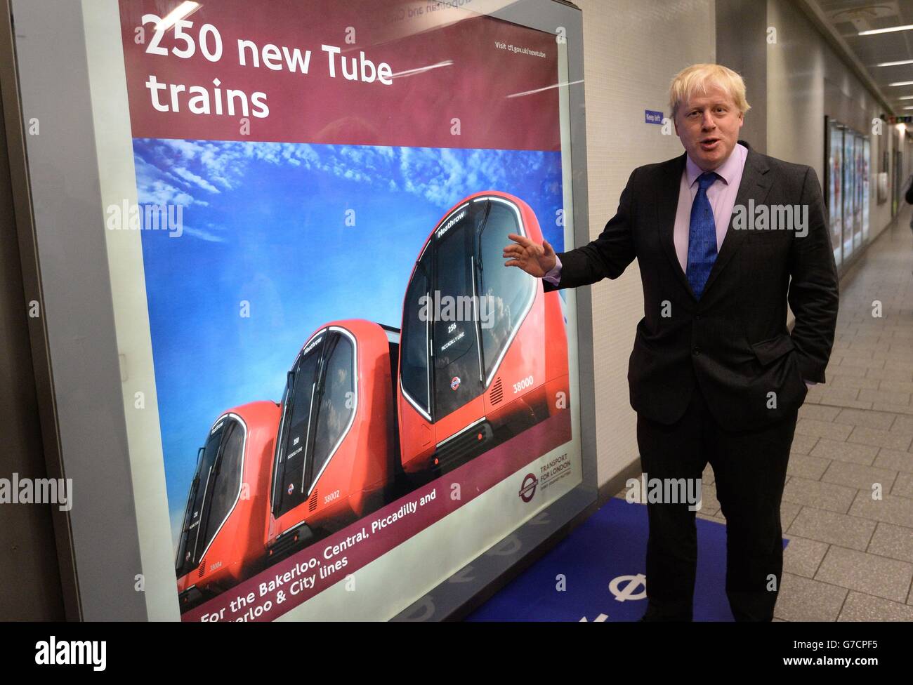Mayor of London Boris Johnson attends the unveiling at King's Cross Station of the designs for the next generation of tube train that will come into service in the mid 2020s, the new trains will be introduced firstly on the Piccadilly Line, followed by the Bakerloo, Central and Waterloo and City Lines. Stock Photo