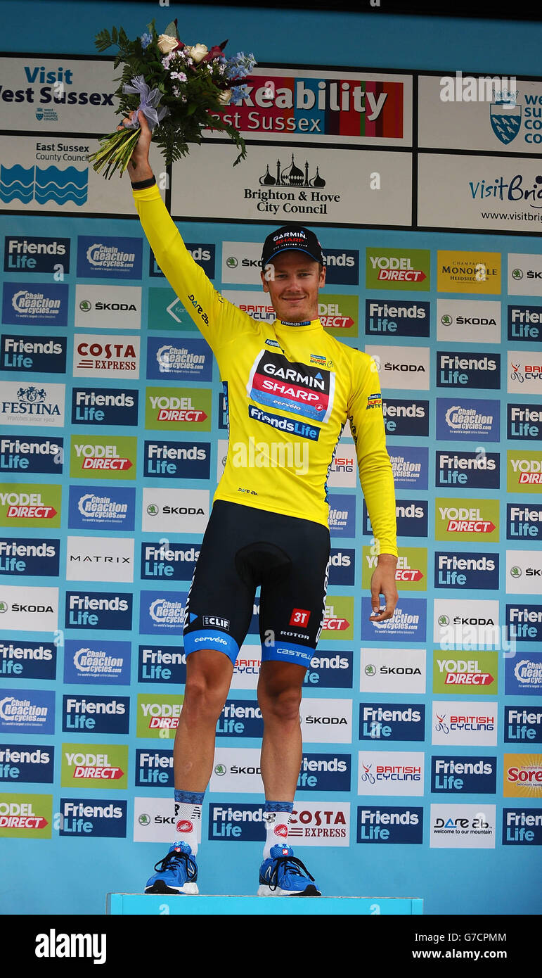 Dylan Van Baarle of Garmin Sharp after being presented with the yellow  jersey after taking the overall race lead after stage seven of the 2014  Tour of Britain Stock Photo - Alamy