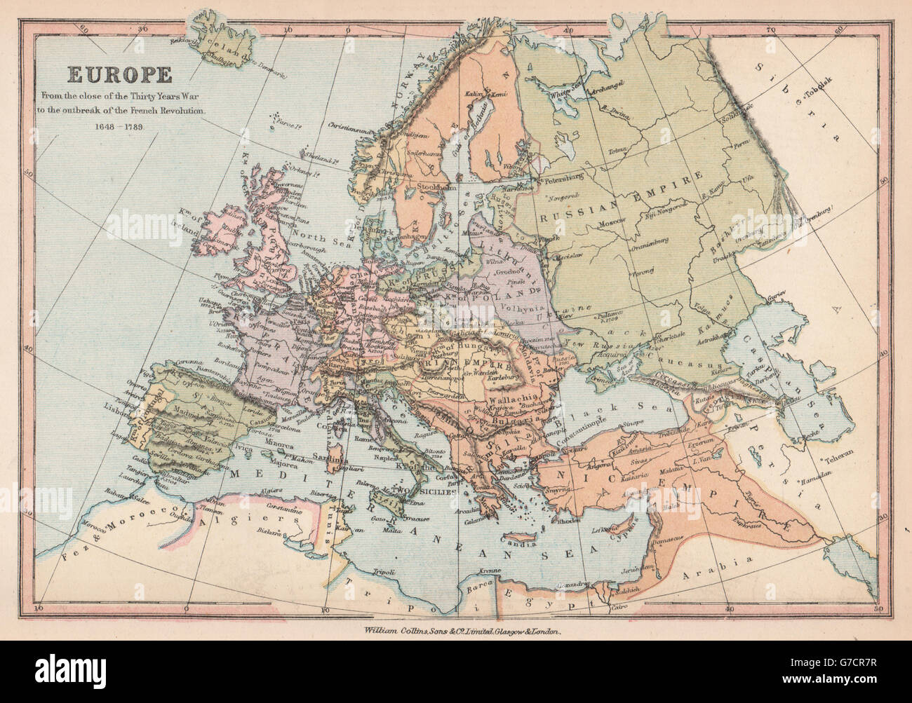 EUROPE 1648-1789. End of the Thirty years war to the French Revolution, 1878 map Stock Photo
