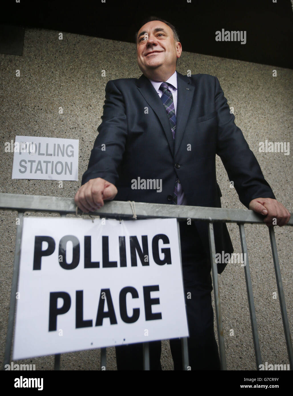 Scottish First Minister Alex Salmond outside Ritchie Hall polling station in Strichen as polls have opened on a historic day for Scotland as voters determine whether the country should remain part of the United Kingdom. Stock Photo