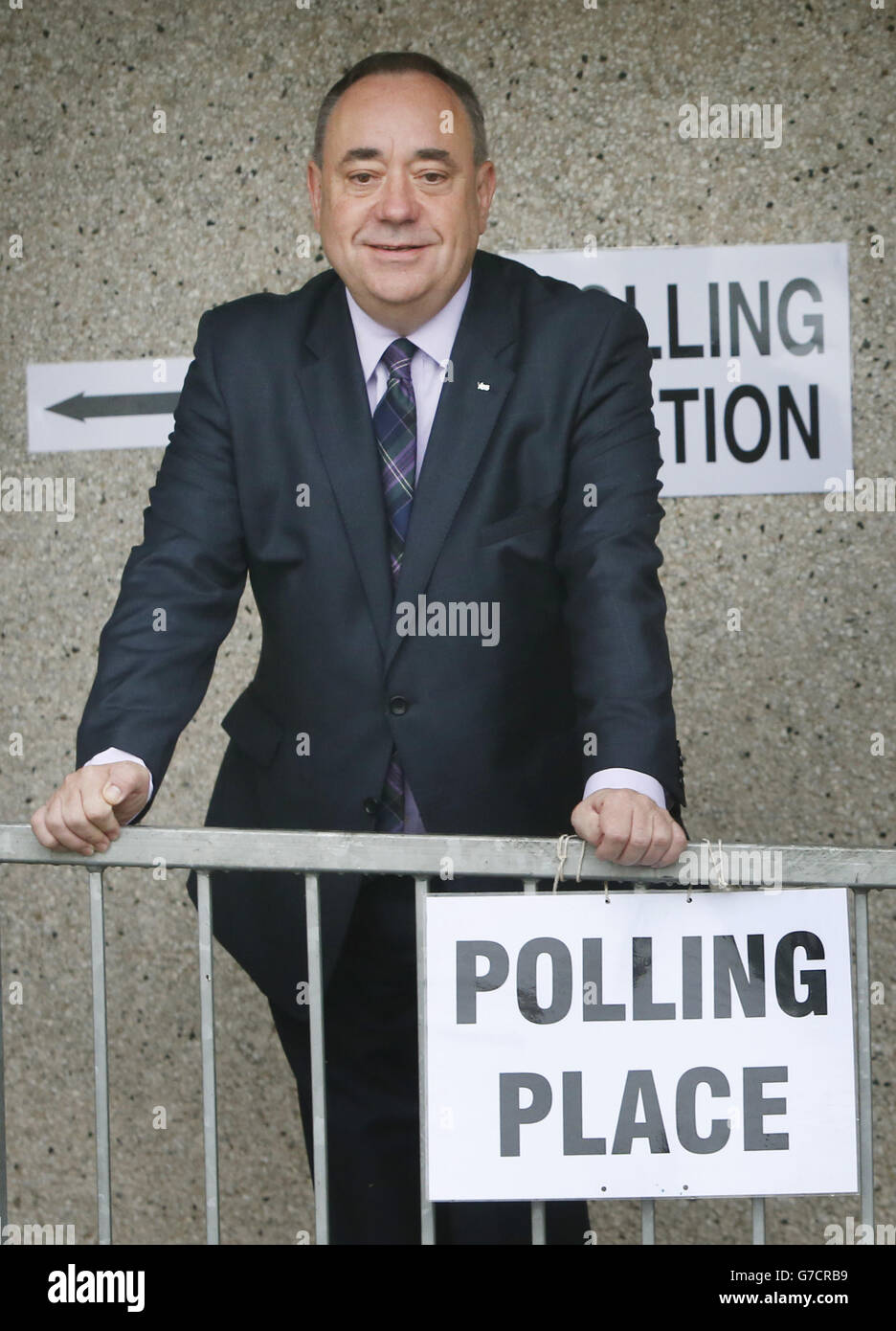 Scottish First Minister Alex Salmond outside Ritchie Hall polling station in Strichen as polls have opened on a historic day for Scotland as voters determine whether the country should remain part of the United Kingdom. Stock Photo