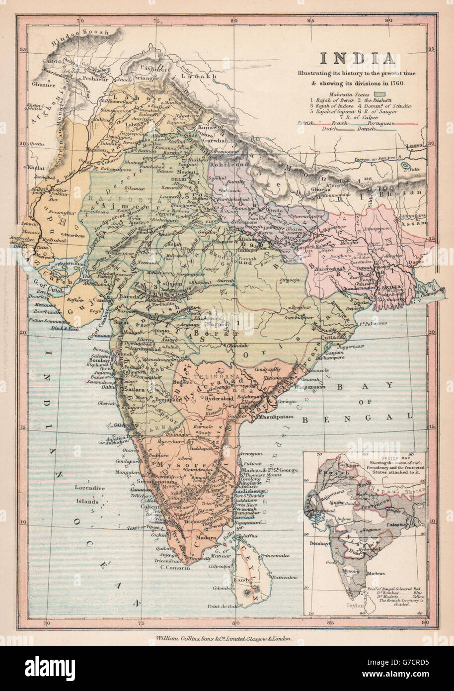 INDIA IN 1760. British French Dutch Portuguese Danish. BARTHOLOMEW, 1878 map Stock Photo