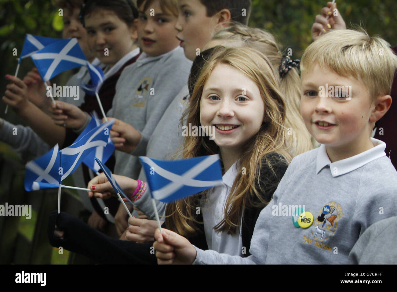 School children at Strichen Primary School in Strichen, as polls have opened on a historic day for Scotland as voters determine whether the country should remain part of the United Kingdom. Stock Photo