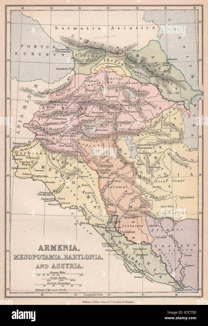 ANCIENT PERSIAN EMPIRE. Shows retreat of 10,000 Greeks. Cyrus Younger, 1878 map Stock Photo