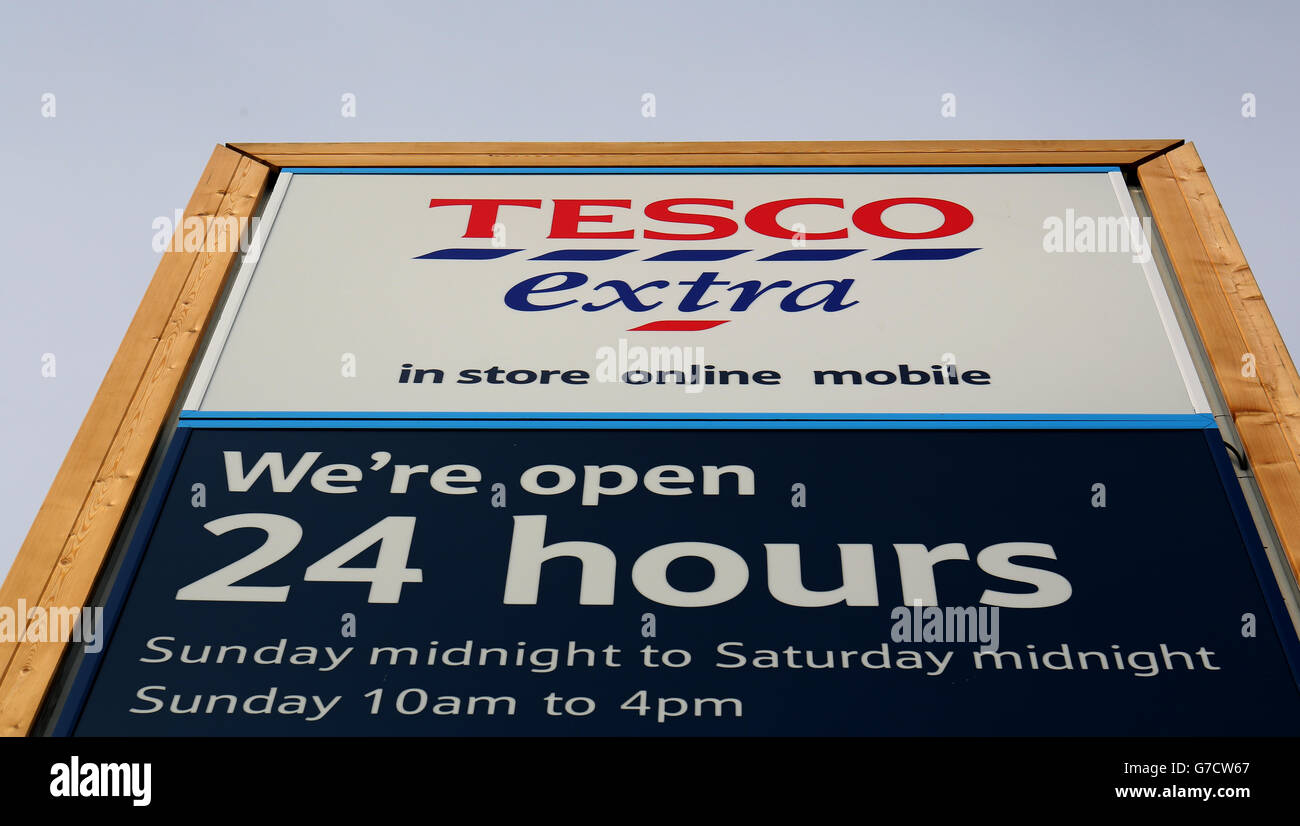 Tesco signage at their superstore in Bar Hill, Cambridgeshire Stock