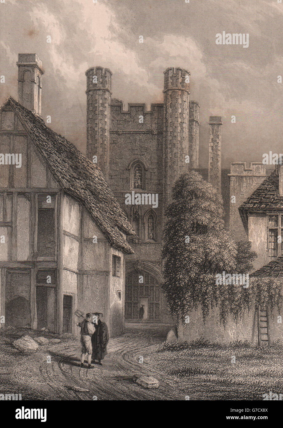 QUEENS' COLLEGE, The entrance Gateway as taken in 1837, Cambridge. LE KEUX, 1841 Stock Photo