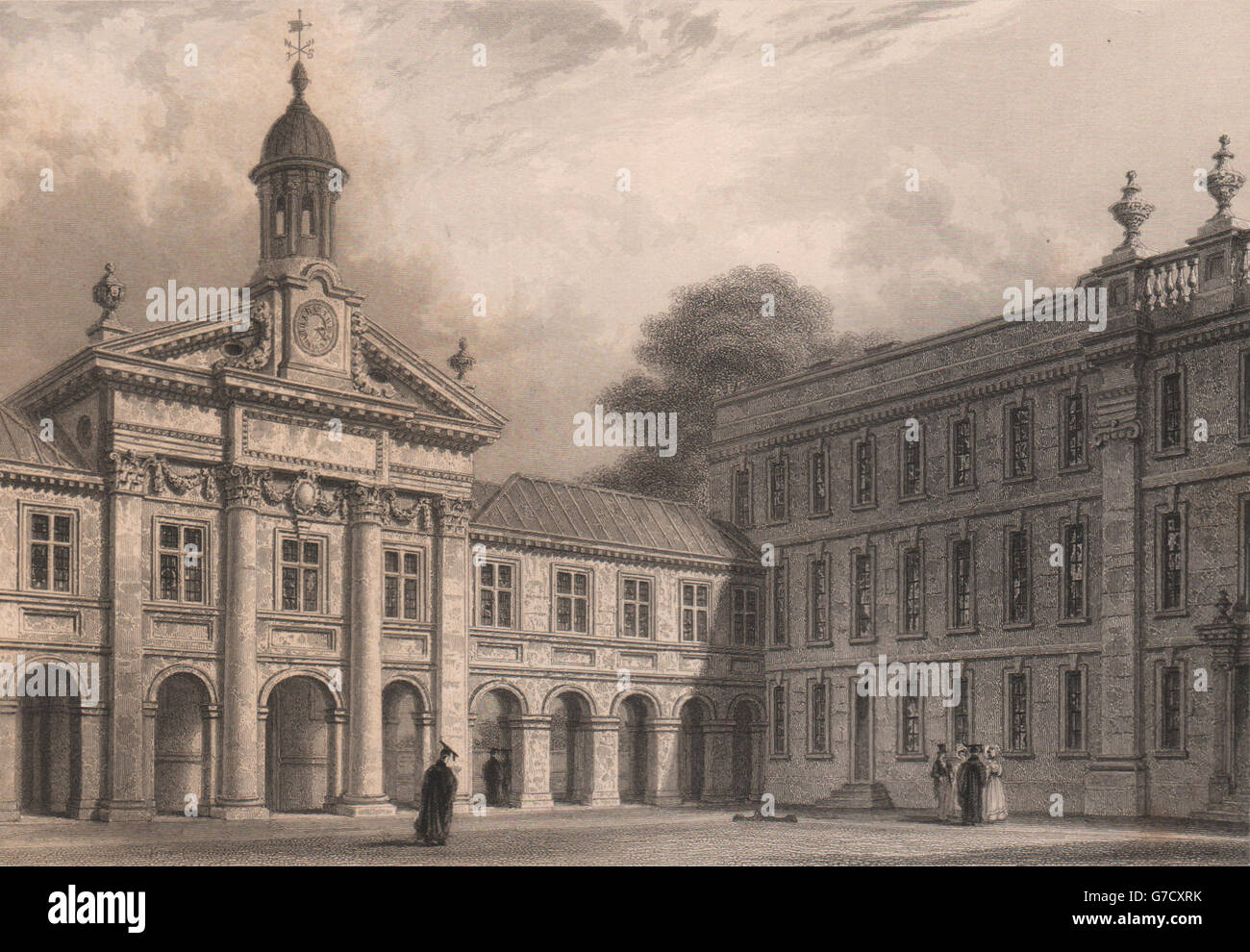 EMMANUEL COLLEGE. Showing the Chapel &c., Cambridge. LE KEUX, old print 1841 Stock Photo