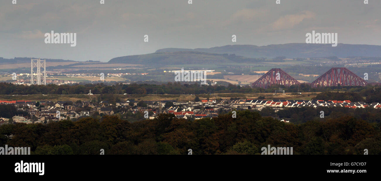 A general view showing the Forth Road and Rail crossings soon to be joined by a replacement crossing to the left of the road bridge, near Edinburgh. Stock Photo