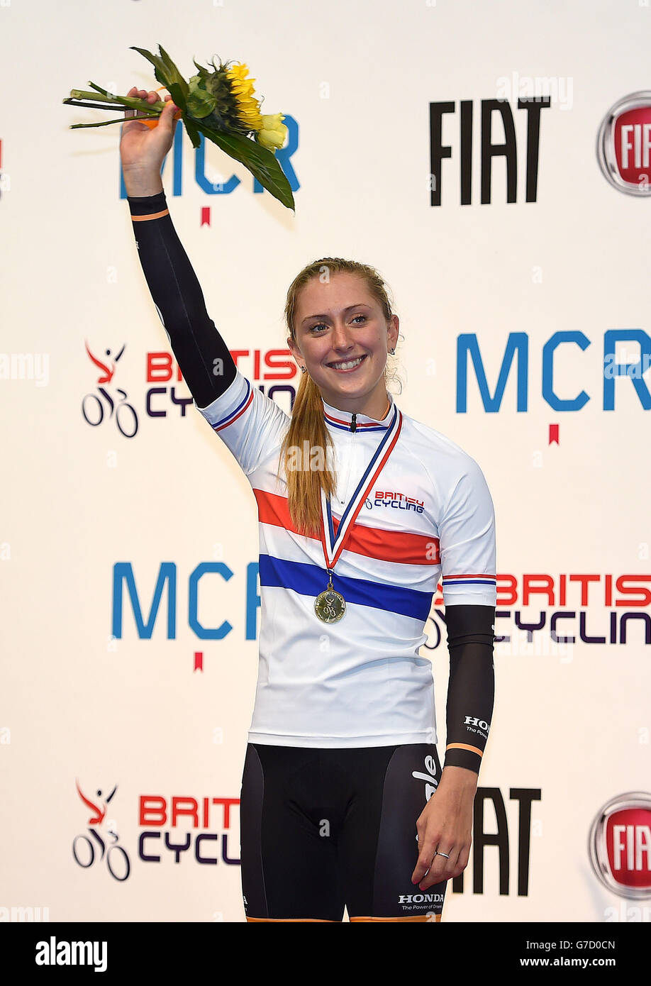 Laura Trott wit her gold medal after winning the Womens scratch race final, during day four of the British Cycling National Track Championships at the National Cycling Centre, Manchester. Stock Photo