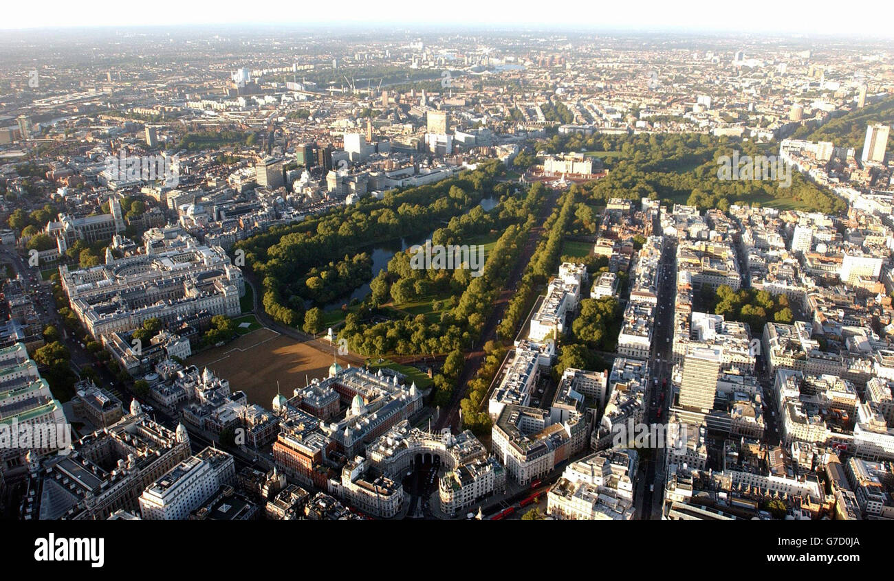 Aerial view of London showing St James's Park, Buckingham Palace, Green Park, Horseguards Parade. Stock Photo