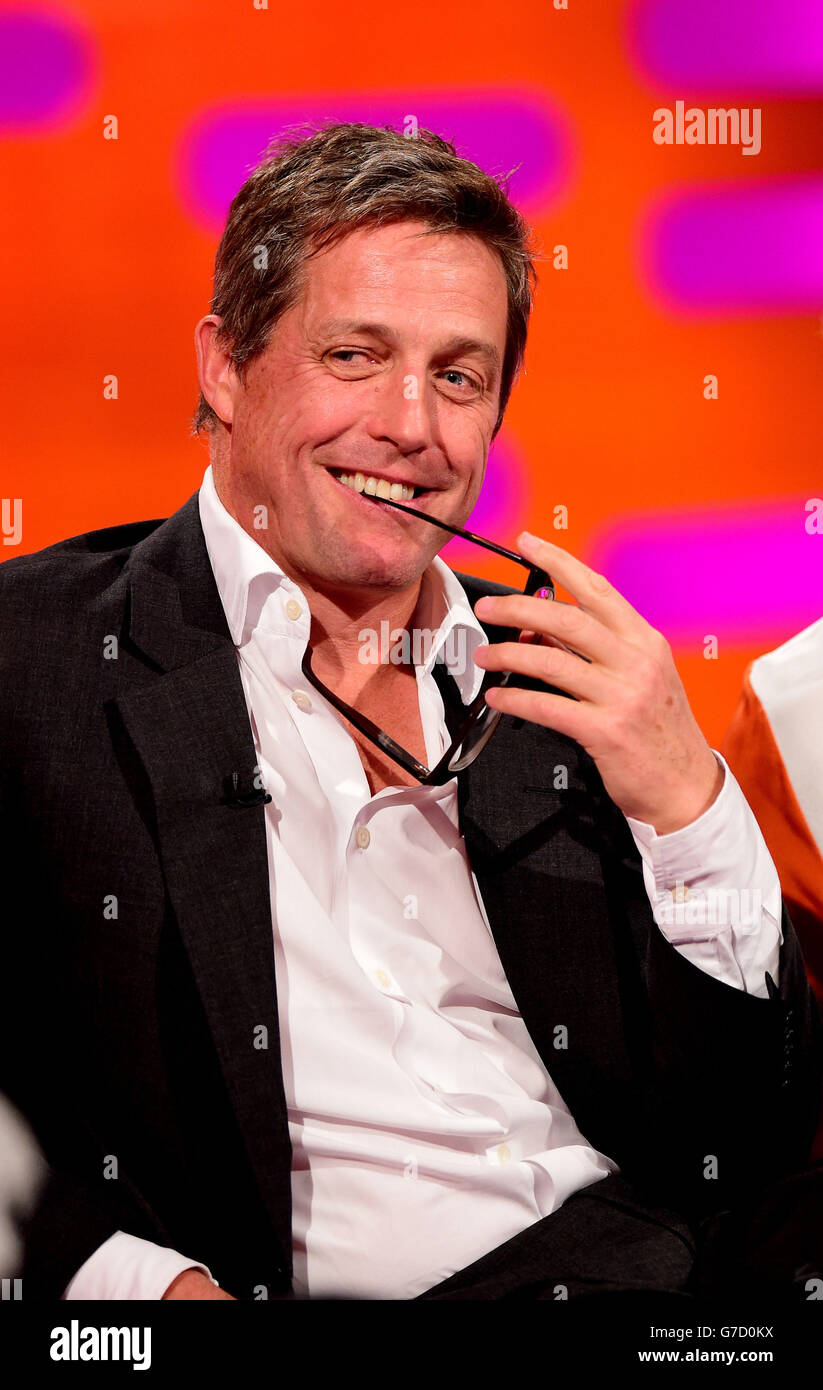 Hugh Grant during filming of The Graham Norton Show, at The London Studios, south London, to be aired on BBC One on Friday evening. Stock Photo