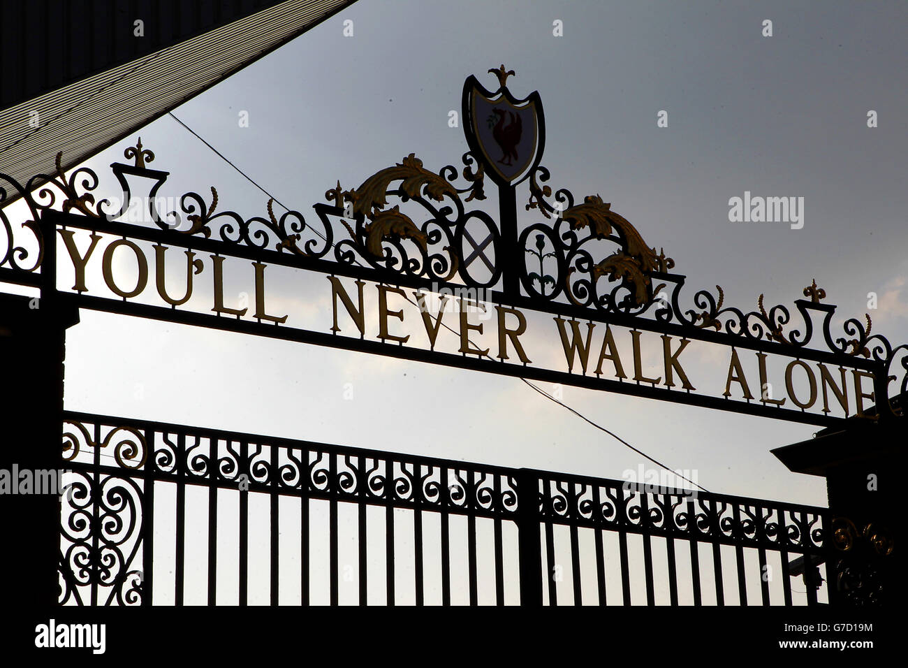 Soccer - UEFA Champions League - Group B - Liverpool v Ludogorets Razgrad - Anfield. Gates reading You'll never walk alone at Anfield. Stock Photo