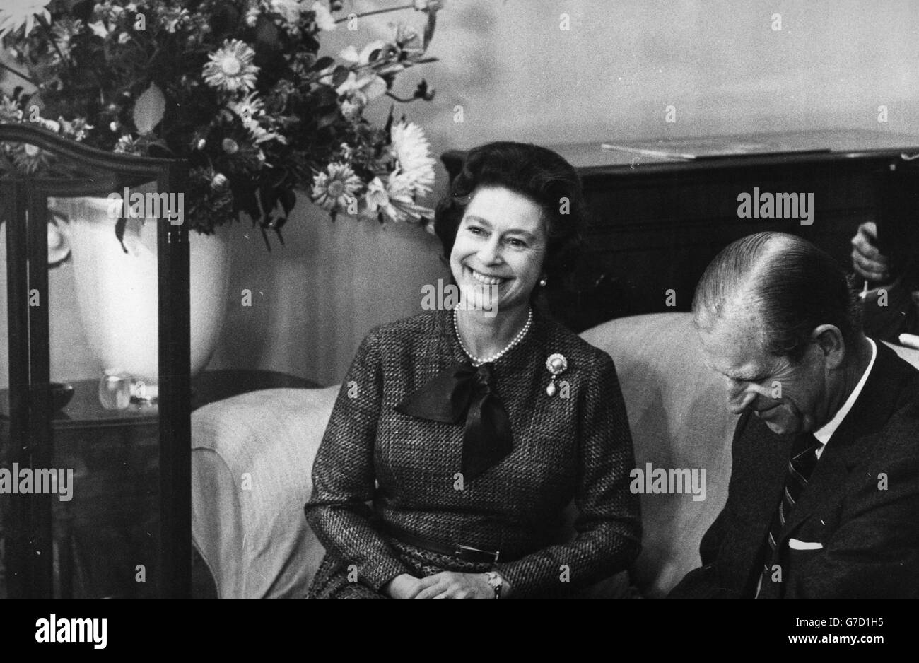 Queen Elizabeth II and the Duke of Edinburgh in the drawing room at Balmoral during their summer break. Stock Photo