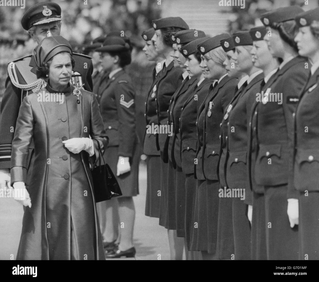 Queen Elizabeth II inspects members of the Women's Royal Air Force at RAF Finningley near Doncaster. Stock Photo