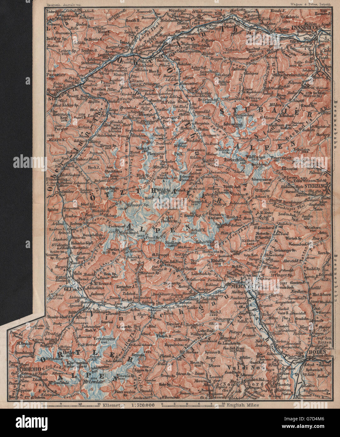 TYROL/ UPPER INNTHAL ÖTZTHALER ORTLER STUBAIER ALPEN topo-map. Austria, 1896 Stock Photo