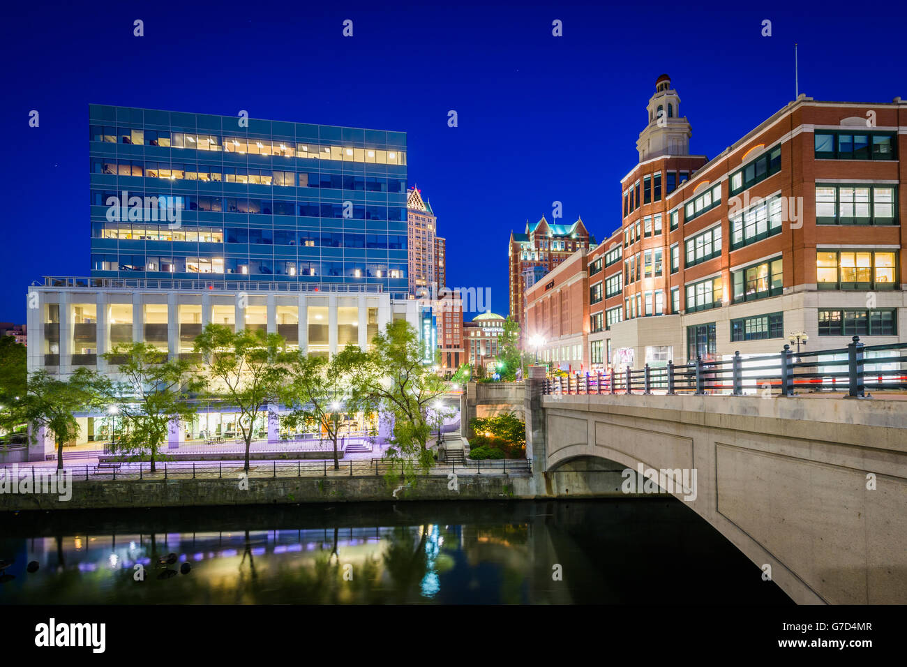 Bridge on Francis Street and buildings along the Providence River at night, in Providence, Rhode Island. Stock Photo