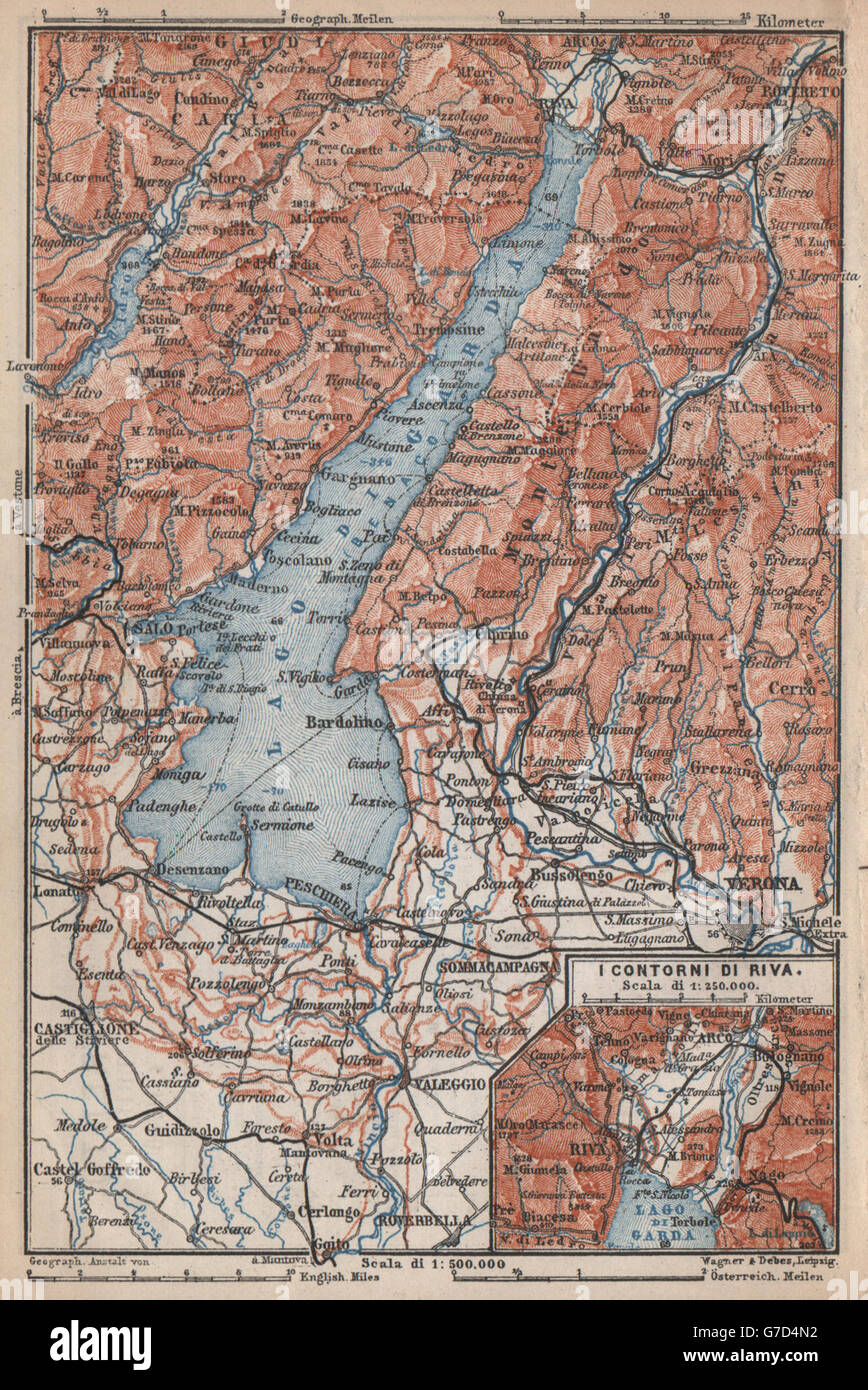 LAGO DI/LAKE GARDA. Riva Salo Peschiera Verona. topo-map. Italy mappa, 1896 Stock Photo