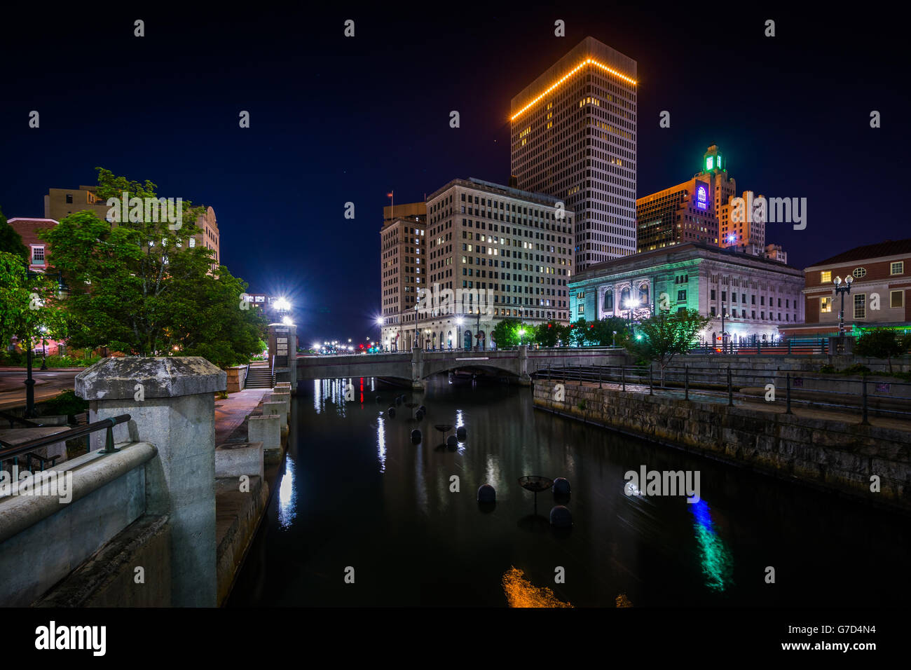 Buildings in downtown along the Providence River at night, in Providence, Rhode Island. Stock Photo