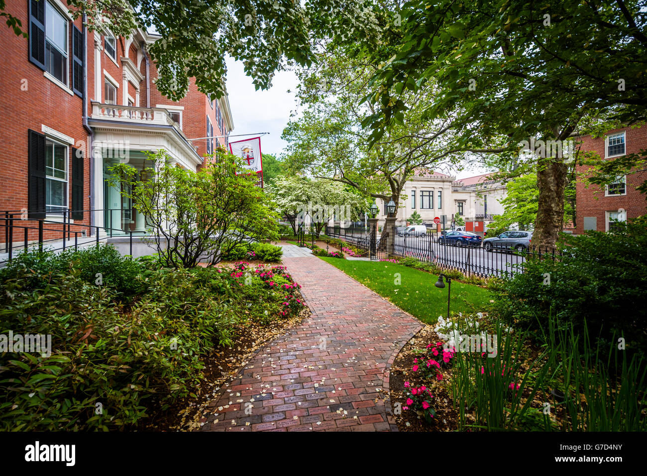 Gardens outside the Brown University Alumni Association Building on the campus of Brown University, in Providence, Rhode Island. Stock Photo