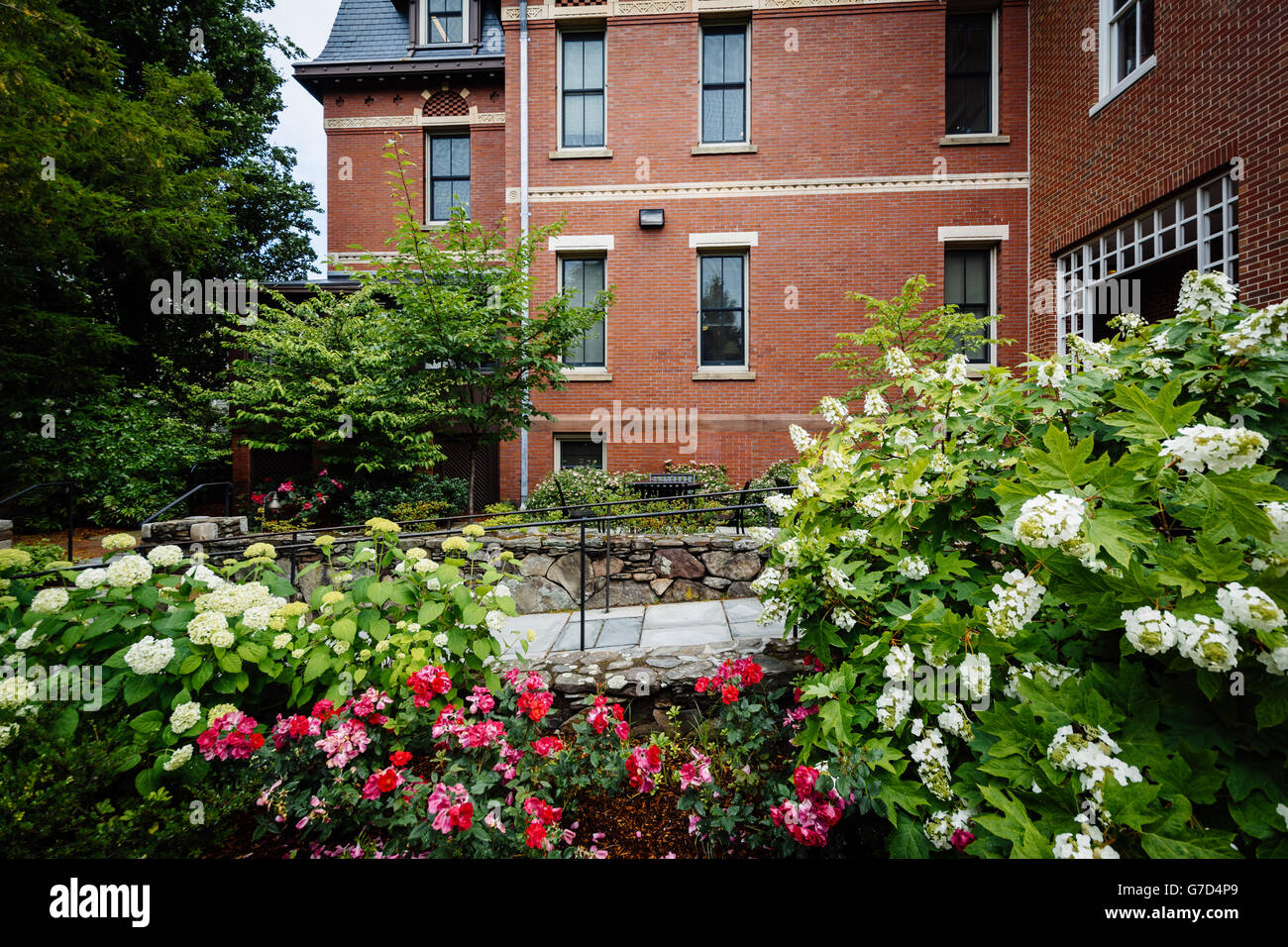 Gardens outside the Brown University Alumni Association Building on the campus of Brown University, in Providence, Rhode Island. Stock Photo