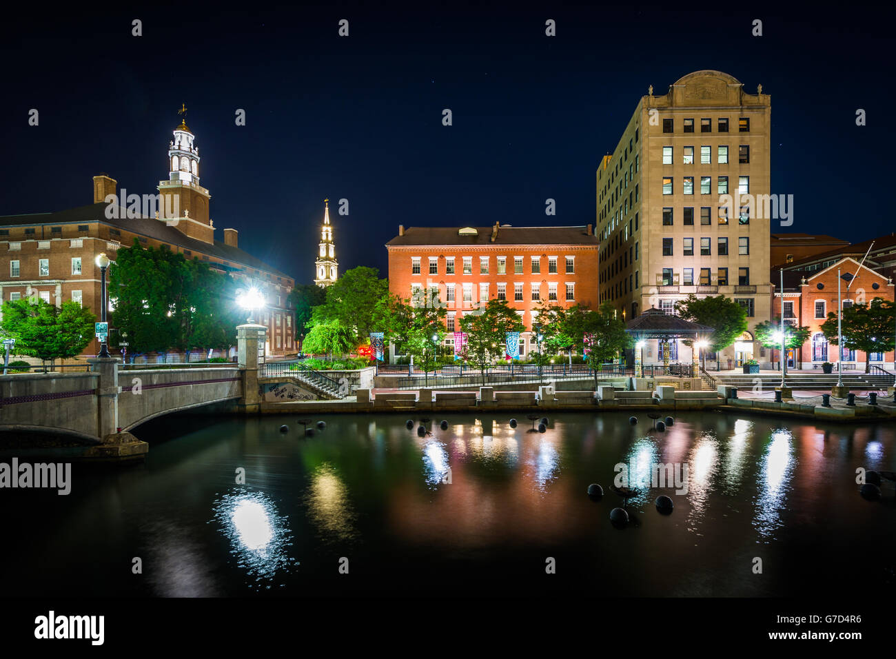 Historic buildings along the Providence River at night, in Providence, Rhode Island. Stock Photo