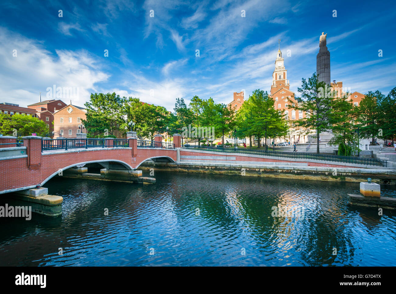 Historic buildings and bridge along the Providence River in downtown Providence, Rhode Island. Stock Photo