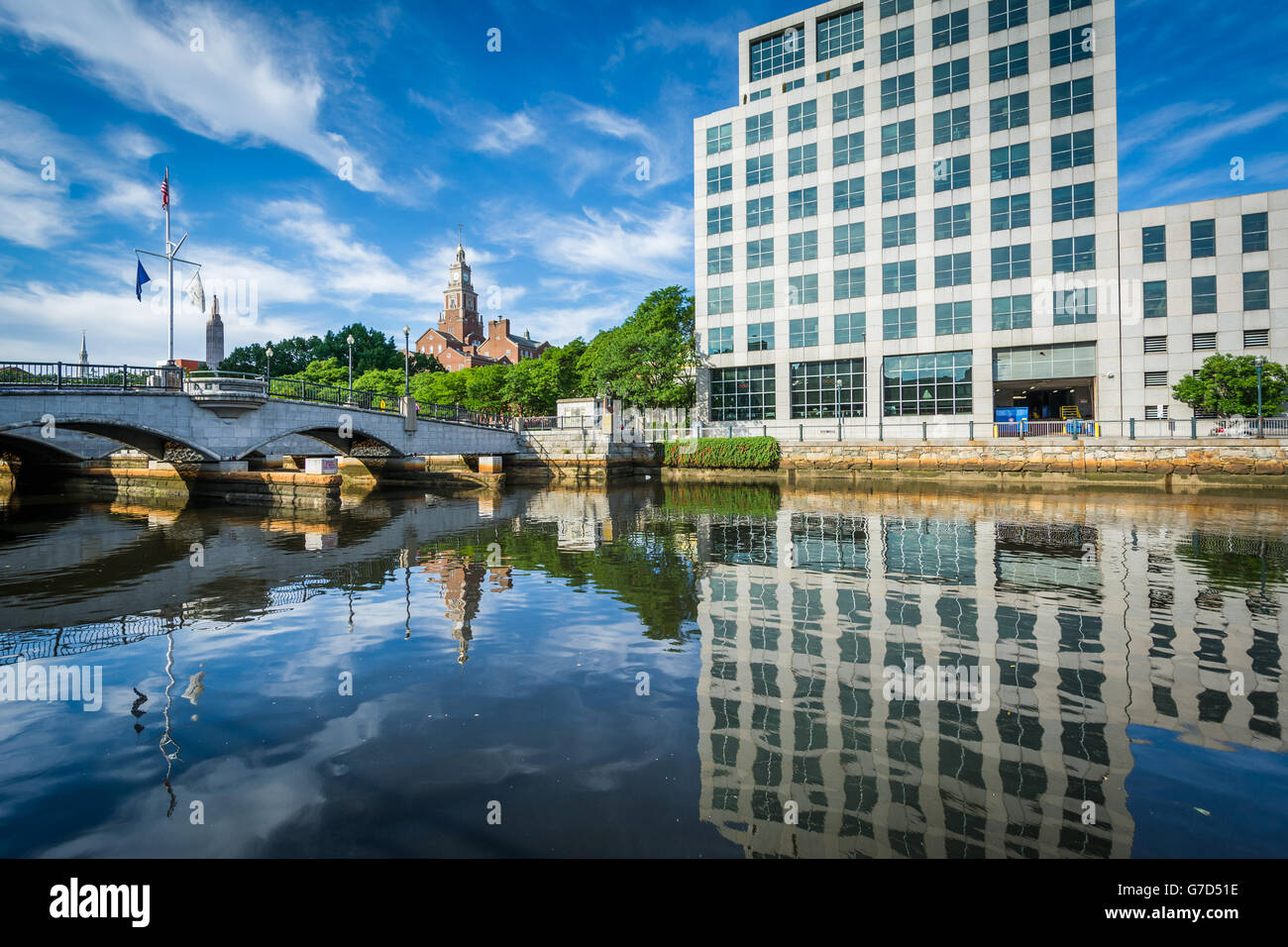 Modern buildings and bridge over the Providence River, in downtown Providence, Rhode Island. Stock Photo